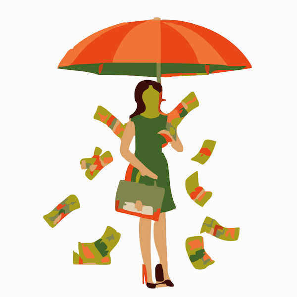 A woman under an umbrella with falling money after a successful income protection claim