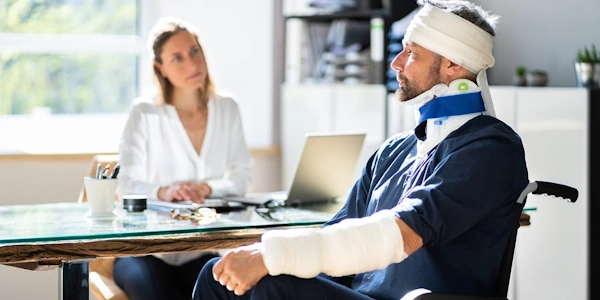 An injured man discussing a trauma policy with an insurance employee
